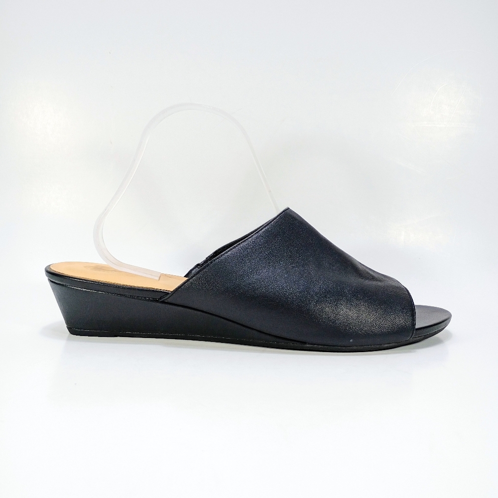 Clarks Artisan Sense Slide Womens 12 Black Leather Wedge Slip On Slide Sandals